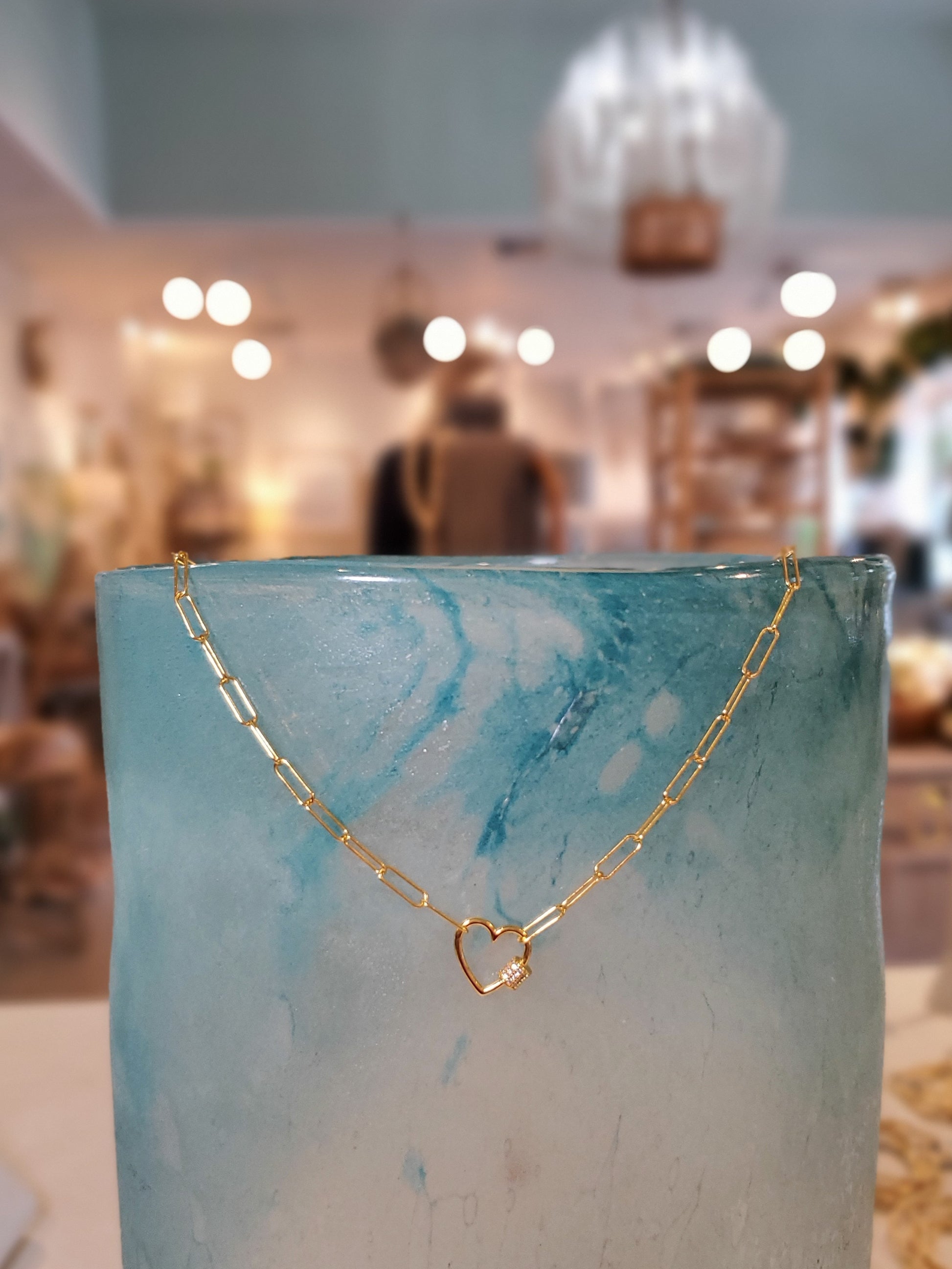 Gold Vermeil paperclip chain necklace. Heart lock in front. Sweat & waterproof