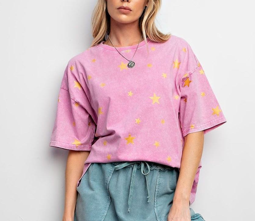 Easel Brand Barbie PInk Mineral Washed Foil Star printed Tee. Oversized boxy silhouette with drop shoulders.h