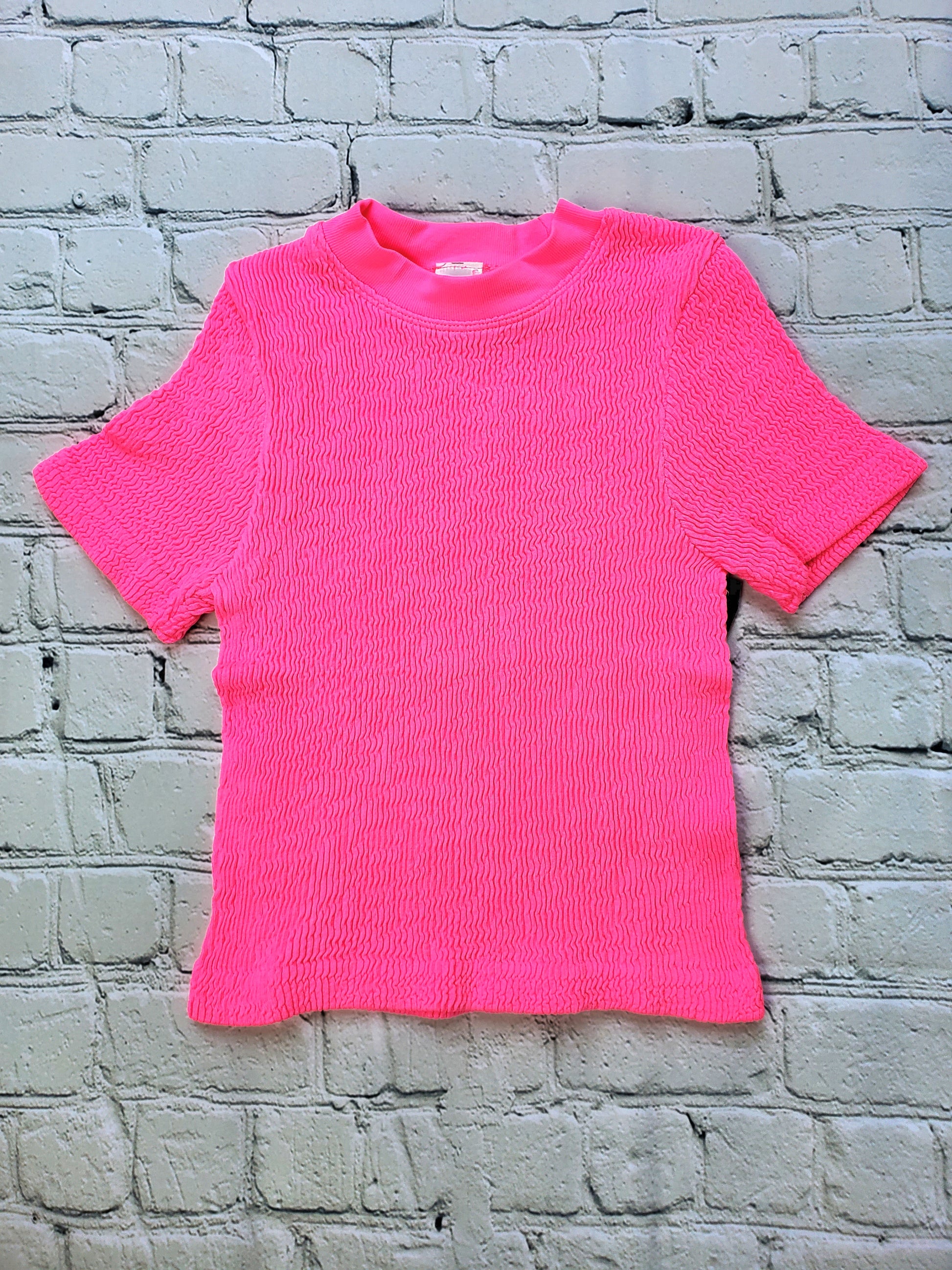 stretchy, smocked, short sleeve top. True highlighter neon pink. Full length top